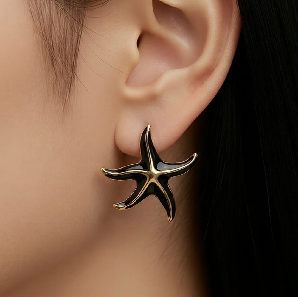 Starfish Earrings Black Gold 18K Plated Stainless Steel Coastal Nautical Studs